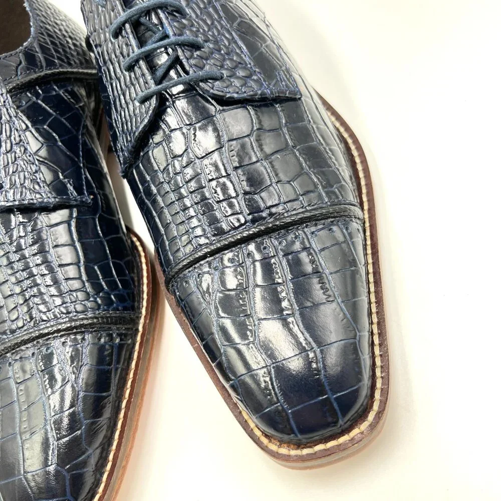 Stacy Adams Mens‎ Raimondo Blue Leather Croc Cap Toe Oxfords Dress Shoes